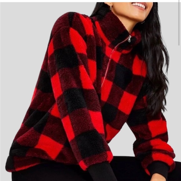 New! Loft Women’s Sherpa Quarter Zip Red and Black Buffalo Plaid Sweatshirt - Picture 11 of 15